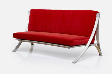 Paul Laszlo, Custom Curved Settee: PAUL LASZLO Custom curved settee, 1950s Aluminum, velvet. Custom made in the USA.31" H x 64" W x 31" D Seat height: 15"This custom settee is likely a unique example.Provenance: