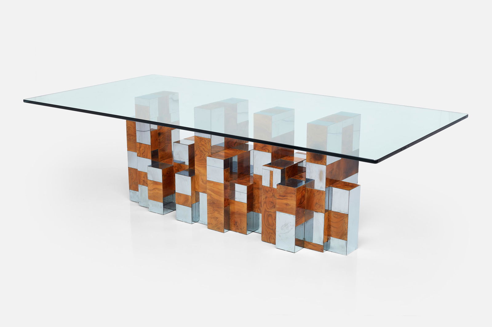 Paul Evans, 'Cityscape' Dining Table: PAUL EVANS'Cityscape' dining table, model PE-400, 1970sMahogany burl veneer, chrome-plated steel, glass. Produced for Directional, USA.Etched signature to base. 29.25" H x 96" W x 48