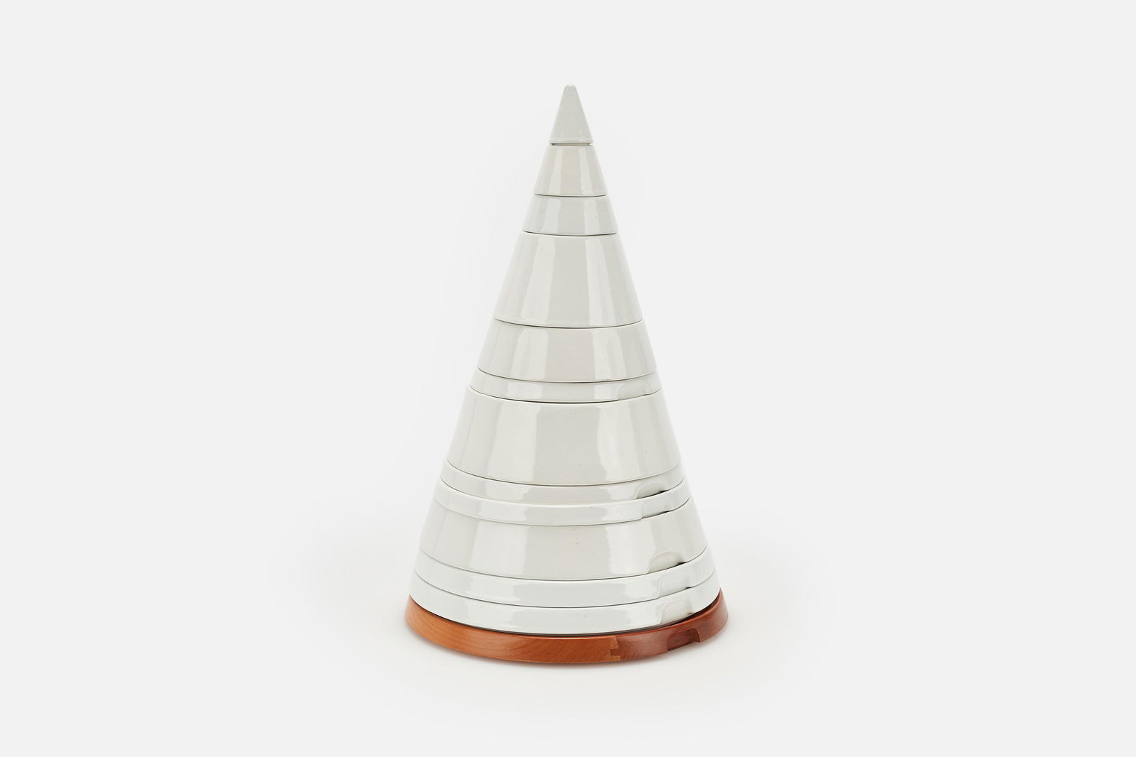 Pierre Cardin, 'Pyramid' Table Service: PIERRE CARDIN'Pyramid' table service, ca. 1969Glazed ceramic, walnut. Manufactured by Franco Pozzi Gallarate, Italy.Underside of each with manufacturer's mark and designer's facsimile