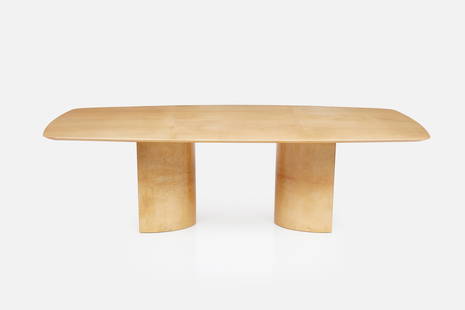 Aldo Tura, Knife-Edge Dining Table: ALDO TURAKnife-edge dining table, 1975Lacquered goatskin, wood. Made in Italy.Underside with "Made in Italy" paper sticker.29" H x 98.5" W x 47.5"D