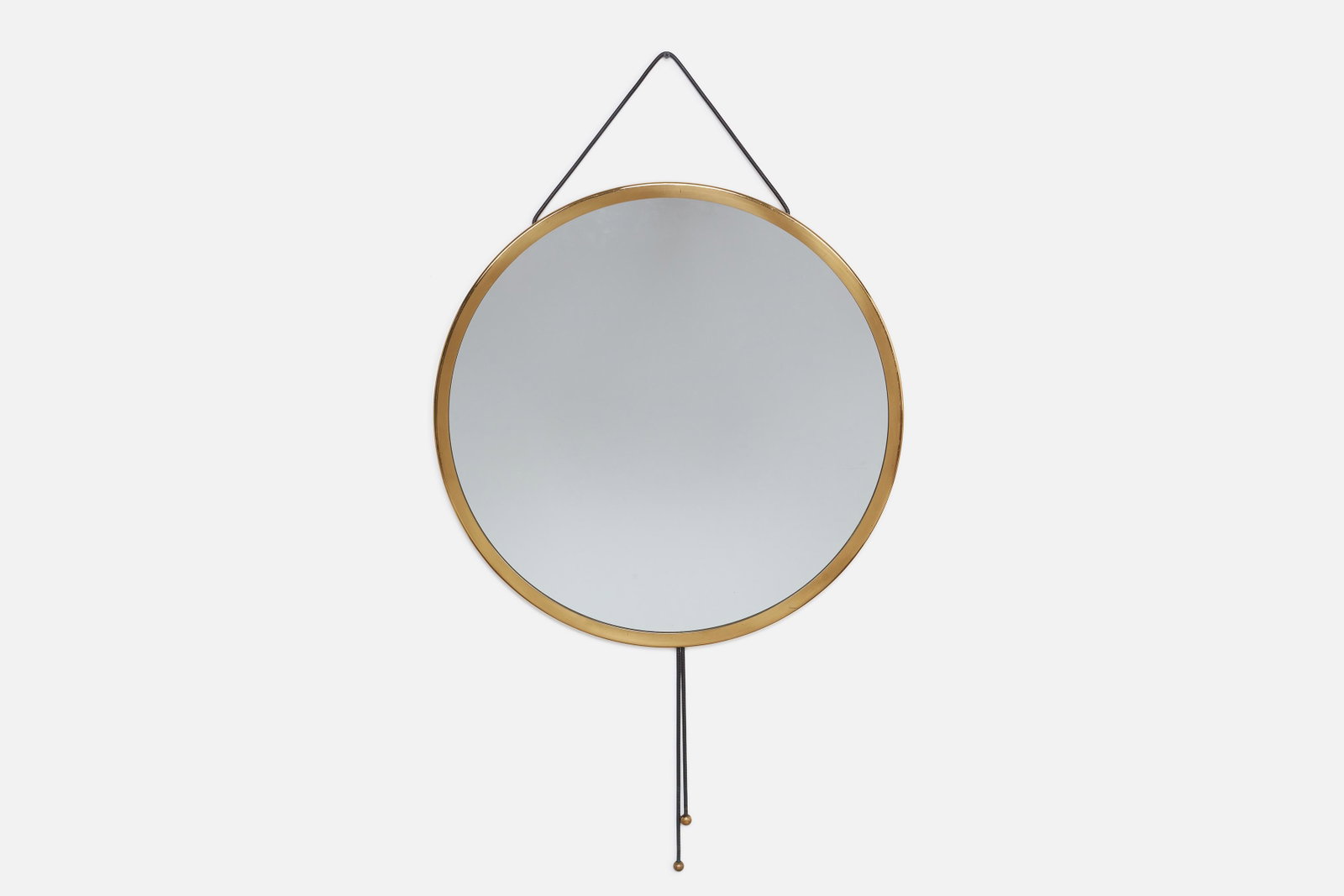 Italian, Lariat Wall Mirror: ITALIAN Lariat wall mirror, 1960s Brass, mirrored glass, metal cord. 23.5" Diameter, 0.75" D