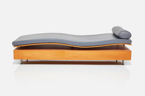 Maya Lin, 'Longitude' Chaise Lounge: MAYA LIN&#39;Longitude&#39; chaise lounge, from the &#39;Earth Is (Not) Flat&#39; series, ca. 1998Birch, leather, painted metal. Manufactured by Knoll, USA.18&quot; H x 30.5&quot; W x 76&quot; D