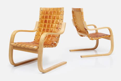 Alvar Aalto, Cantilevered Chairs (2): ALVAR AALTOPair of chairs, model no. 406, 1970sLaminated birch, quilted leather. Manufactured by Artek, Finland. Each: 35" H x 24" W x 28" DSeat height: 15"