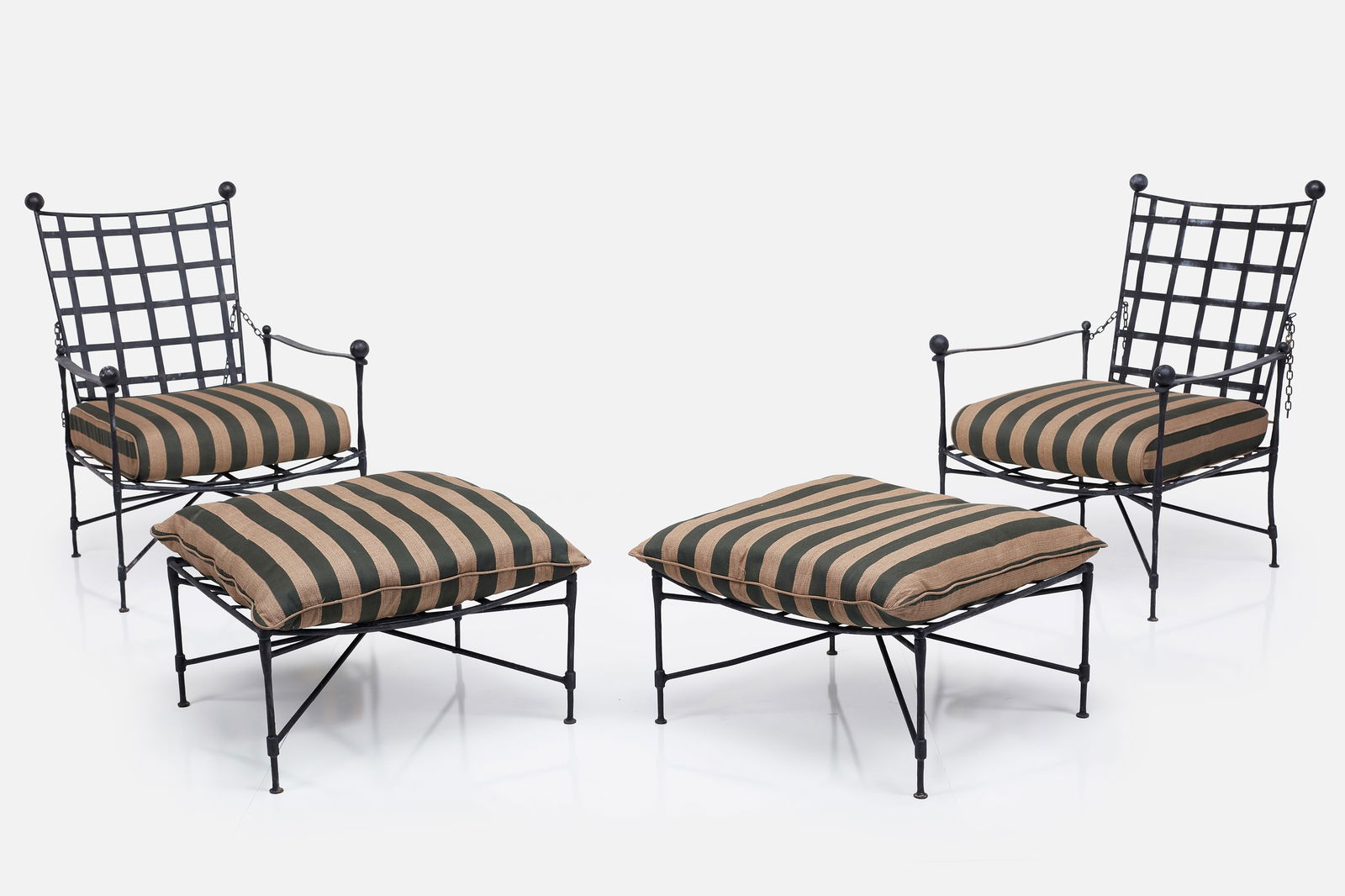 Mario Papperzini, 'Amalfi' Lounge Chairs and Ottomans (4): MARIO PAPPERZINIPair of 'Amalfi' lounge chairs and ottomans, 1950sPainted wrought iron, fabric. Manufactured by Salterini, USA / Italy. Each chair: 36" H x 25" W x 34" DSeat hei