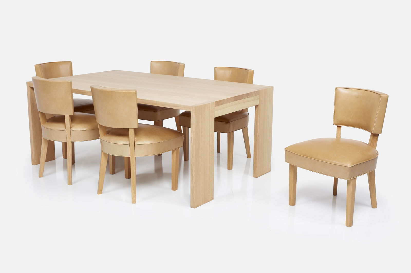John Pawson, Dining Set (7): JOHN PAWSONDining set, ca. 2010Oak, leather. Custom made.Comprising one dining table and six dining chairs. Table: 28.5" H x 69" W x 42" WEach chair: 32" H x 21.25" W x 2