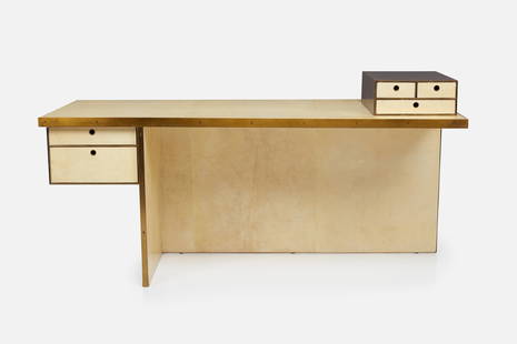 Kelly Wearstler, 'Dillon' Executive Desk: KELLY WEARSTLER'Dillon' executive desk, designed 2015Parchment, wood, burnished brass. Produced by E.J. Victor, USA. 35" H x 72" W x 30.25" D