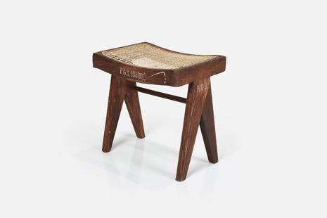 Pierre Jeanneret, Stool: PIERRE JEANNERET Stool, from Chandigarh, ca. 1956 Teak, caning. Edge of seat painted with "P. G. I. 108(NH)". 17" H x 17" W x 11.75" D Provenance: Chandigarh,