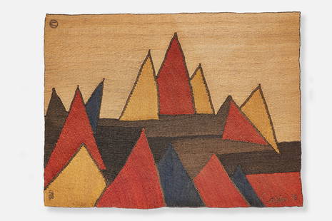 After Alexander Calder, 'Pyramids' Tapestry: AFTER ALEXANDER CALDER (American, 1898 - 1976) 'Pyramids' tapestry, 1975 Handwoven jute maguey. Produced by C.A.C. Publications/Bon Art, Guatemala. Signature, date, and number woven into tapestry.