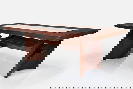 Jose Zanine Caldas, Rare Dining Table: JOSE ZANINE CALDASRare dining table, 1970sPequi wood, glass. Made in Brazil.Branded signature to one leg. 28.75" H x 86.5" W x 41.25" DProvenance: Private Collection, Minas G