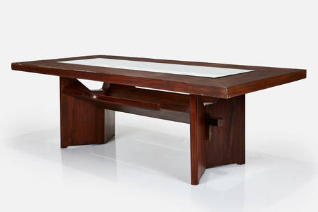 Jose Zanine Caldas, Rare Dining Table: JOSE ZANINE CALDAS Rare dining table, 1970s Pequi wood, glass. Made in Brazil. Branded signature to one leg. 28.75" H x 86.5" W x 41.25" D Provenance: Private