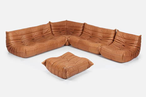 Michel Ducaroy, 'Togo' Sectional Sofa (5): MICHEL DUCAROYFive-part 'Togo' sectional sofa, designed 1973Leather, foam. Manufactured by Ligne Roset, France.Each with fabric manufacturer's tag.Comprising one three-seater, one two-seater, one sing