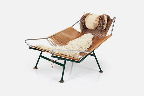 Hans Wegner, Early 'Flag Halyard' Chair: HANS WEGNER'Flag Halyard' lounge chair, 1950Enameled and matte chrome-plated steel, flagline, sheepskin, fabric, wood. Manufactured by Getama, Denmark. 32" H x 41" W x 45" D