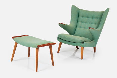 Hans Wegner, 'Papa Bear' Lounge Chair and Ottoman (2): HANS WEGNER'Papa Bear' lounge chair and ottoman, model no. AP-19, 1950sTeak, oak, fabric. Manufactured by AP Stolen, Denmark. Chair: 38.75" H x 35.5" W x 32" DSeat height: 16&qu