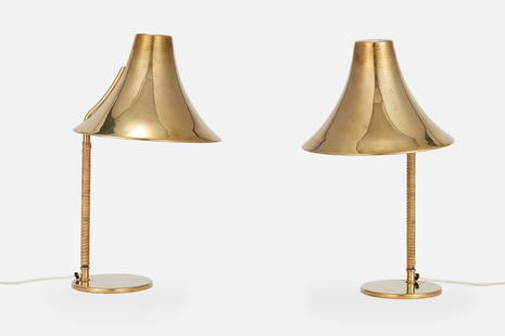 Paavo Tynell, Table Lamps (2): PAAVO TYNELLPair of table lamps, model no. 9208, 1940sBrass, brass-plated steel, cane. Manufactured by Taito Oy, Finland. Light switch impressed with model number and manufacturer's informati