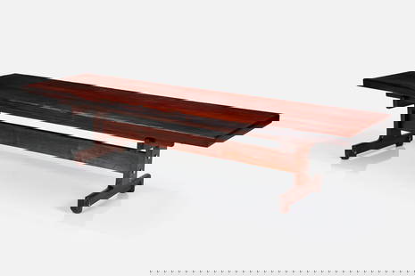 Sergio Rodrigues, 'Olavo' Bench: SERGIO RODRIGUES'Olavo' bench, ca. 1963Jacaranda, chrome-plated brass. Manufactured by Oca, Brazil. Underside branded with manufacturer's mark. 16" H x 71" W x 19.75&q