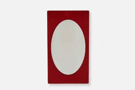 Sergio Rodrigues, Oval Mirror: SERGIO RODRIGUES Oval wall mirror, 1960s Fabric, mirrored glass, wood. Made in Brazil. 50.5" H x 28.5" W x 2.5" D 