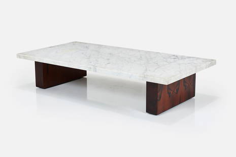 Celina Decoracoes, Coffee Table: CELINA DECORACOES Coffee table, ca. 1960 Marble, imbuia. Manufactured by Celina Decoracoes, Brazil. Base with manufacturer's label.9.75" H x 47.25" W x 23.75" D