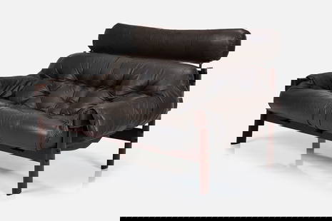 Percival Lafer, Settee: PERCIVAL LAFERSettee, 1960sJacaranda, leather, steel. Manufactured by Lafer S.A. Ind. Com., Brazil.Underside with remnants of manufacturer's label. 34.5" H x 55" W x 39" DSeat
