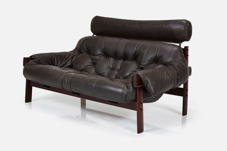 Percival Lafer, Settee: PERCIVAL LAFERSettee, 1960sJacaranda, leather, steel. Manufactured by Lafer S.A. Ind. Com., Brazil.Underside with remnants of manufacturer's label. 34.5" H x 55" W x 39" DSeat