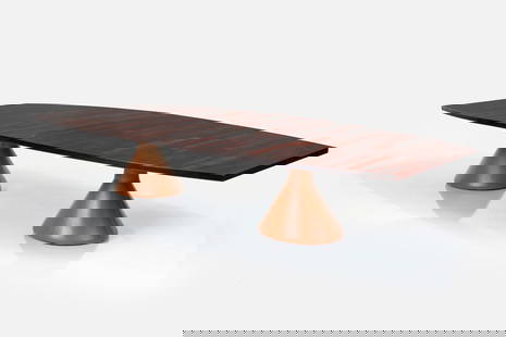 Jorge Zalszupin, Monumental 'Guanabara' Dining Table: JORGE ZALSZUPINMonumental 'Guanabara' dining table, 1959-1965Imbuia, leather, lacquered metal. Manufactured by L'Atelier, Brazil.28.25" H x 158.5" W x 63" D