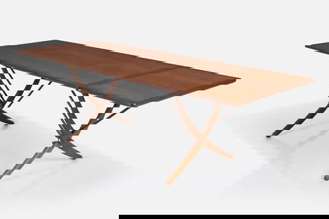 Hans Wegner, Drop-Leaf Dining Table: HANS WEGNERDrop-leaf dining table, model no. AT-304, 1950sTeak, oak, brass. Produced by Andreas Tuck, Denmark.28" H x 50" W x 34" D94" W, fully extended