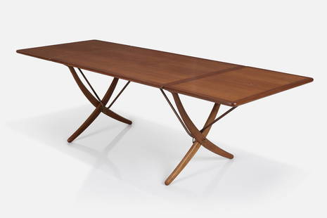 Hans Wegner, Drop-Leaf Dining Table: HANS WEGNERDrop-leaf dining table, model no. AT-304, 1950sTeak, oak, brass. Produced by Andreas Tuck, Denmark.28" H x 50" W x 34" D94" W, fully extended