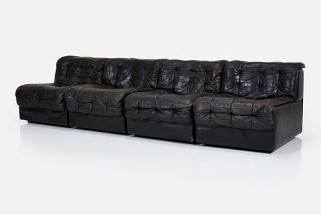 de Sede, Sectional Sofa (4): DE SEDEFour-part sectional sofa, model no. DS11, 1970sLeather, wood. Manufactured by de Sede, Switzerland. Overall: 25" H x 102" W x 32"Each: 25" H x 25" W x 32" DSeat he