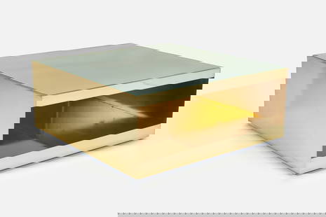 Joe D'Urso Style, Coffee Table: JOE D'URSO STYLECoffee table, 21st CenturyBrass-plated steel, textured glass, casters. 16" H x 40" W x 40" D