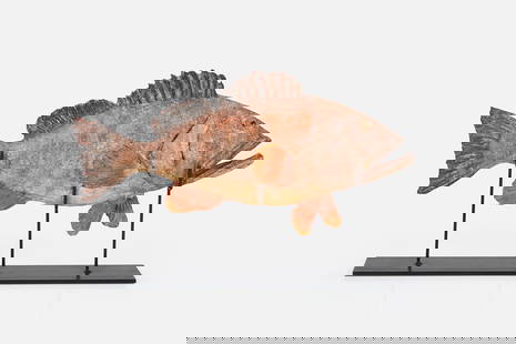 Italian, Large Terra cotta Fish Sculpture: ITALIANLarge fishr sculpture, 1960sGlazed terra cotta, lacquered metal stand.20" H x 40" W x 6" D