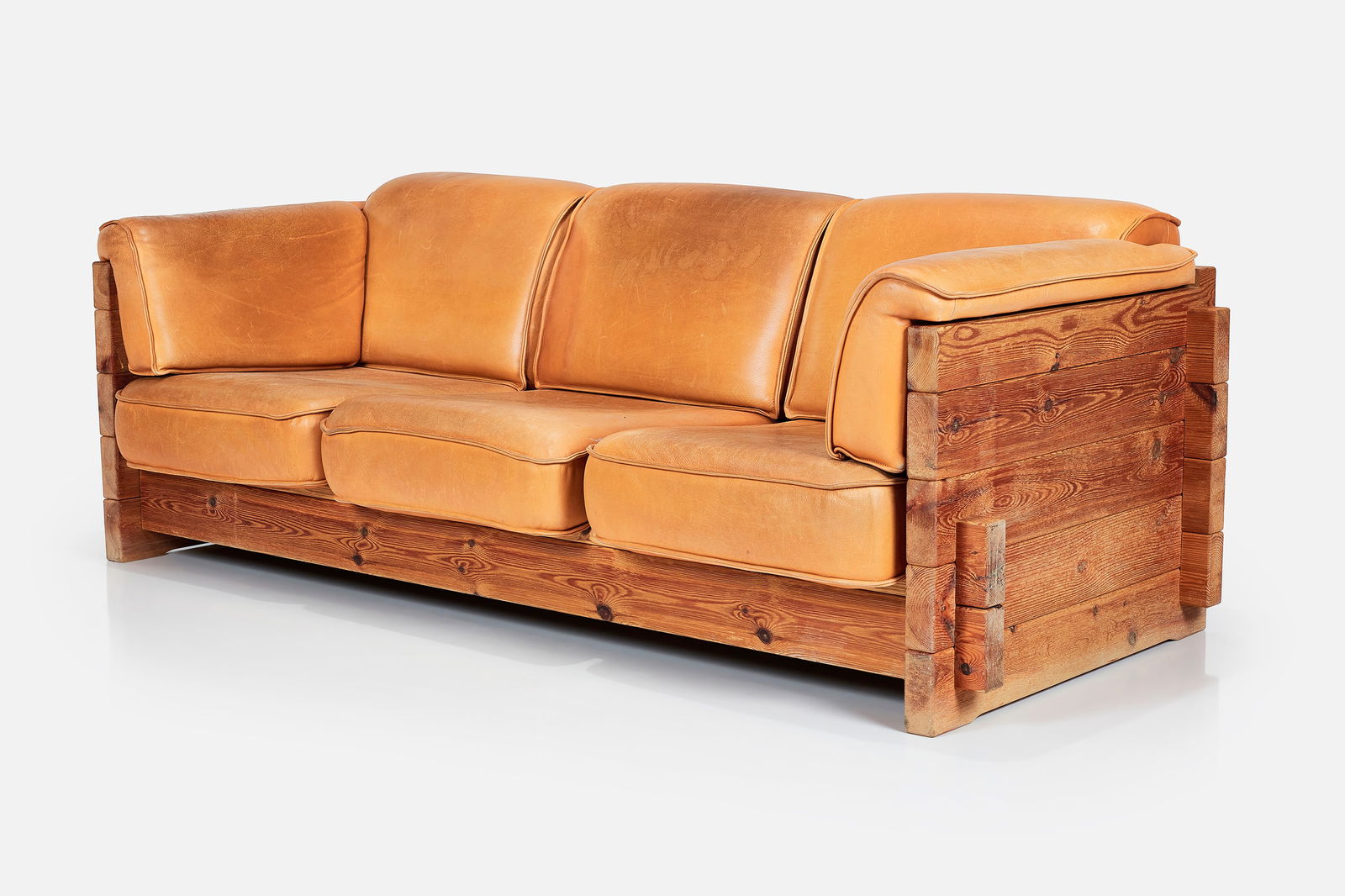 Hans Jorgen Frydendahl, Sofa: HANS JORGEN FRYDENHALSofa, 1960sRough finished pine, leather. Manufactured in Denmark. 29.25" H x 84" W x 35" DSeat height: 13"