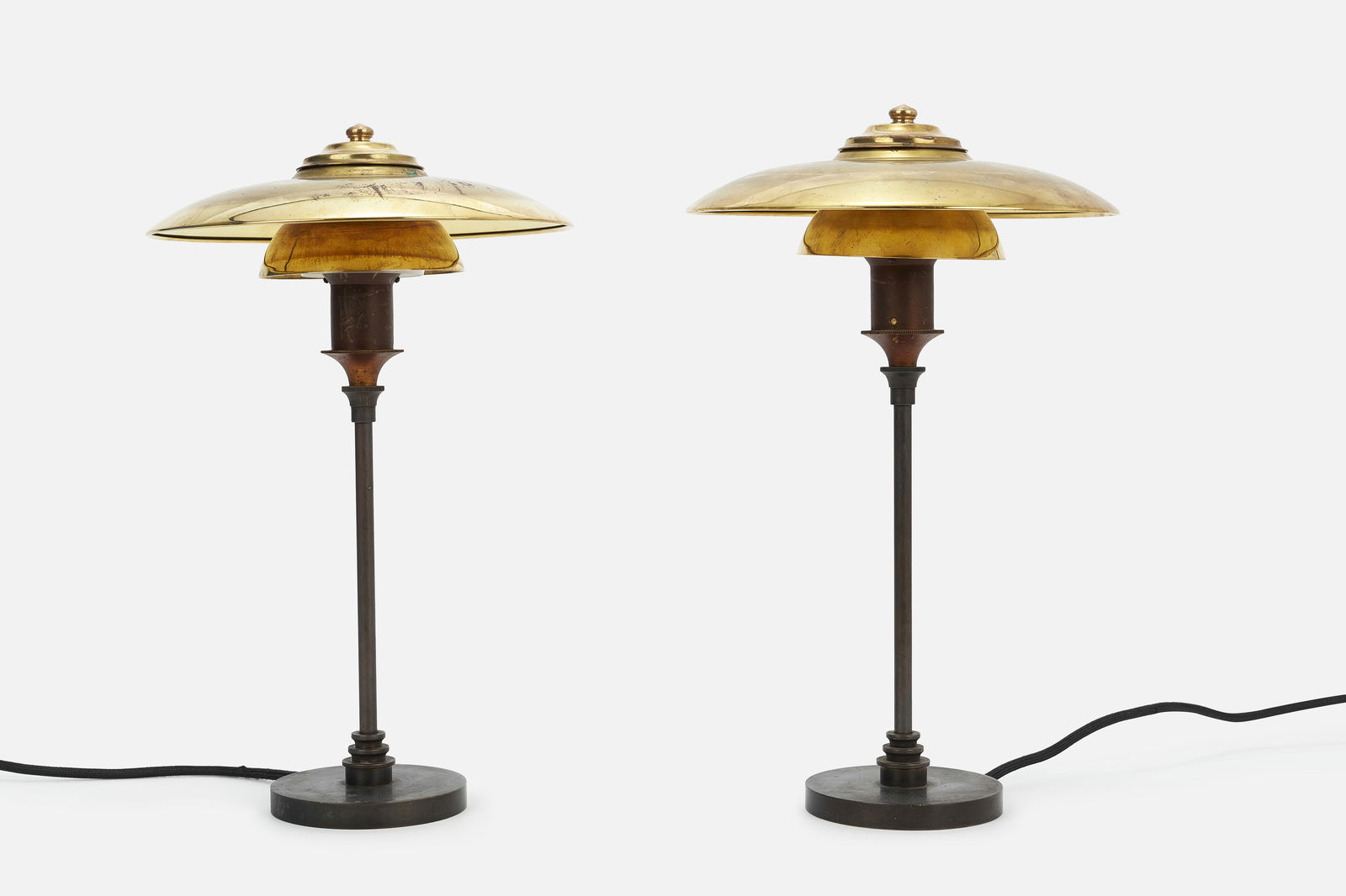 Lyfa, Table Lamps (2): LYFAPair of table lamps, 1930sBrass, burnished brass, opaline glass. Manufactured by Lyfa, Denmark. Each: 15.25" H x 9.5" Diameter