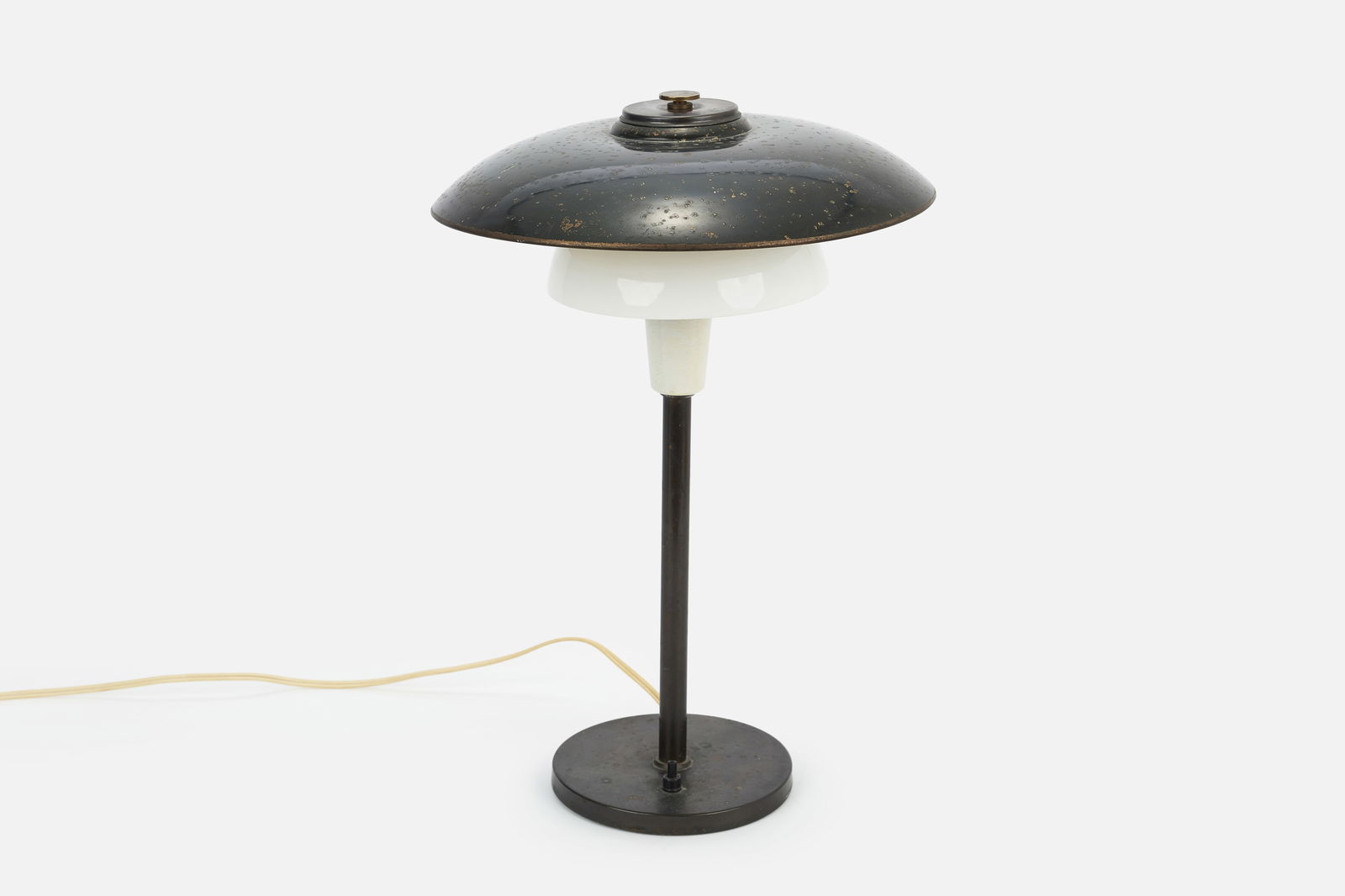 Lyfa, Table Lamp: LYFATable lamp, 1930sPatinated copper, painted copper, opaline glass, Bakelite. Manufactured by Lyfa, Denmark. 18.75" H x 12" Diameter