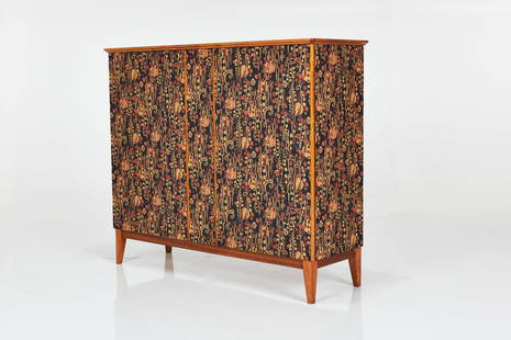 Josef Frank Style, Cabinet: JOSEF FRANK STYLECabinet, 1950sMahogany, printed paper, brass. Made in Denmark. 44.5" H x 52.5" W x 16.75" D