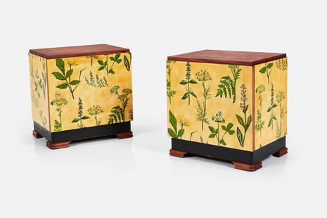 Josef Frank Style, Storage End Tables (2): JOSEF FRANK STYLEStorage end tables, 1950sMahogany, printed paper, painted wood. brass. Made in Denmark. Each: 20.75" H x 19.5" W x 14.5" D