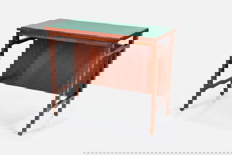 Gio Ponti, Writing Desk: GIO PONTIWriting desk, 1960sWalnut, laminate. Manufactured by Schirolli, Italy.Underside with manufacturer's label. 28.25" H x 35.25" W x 17.5" W