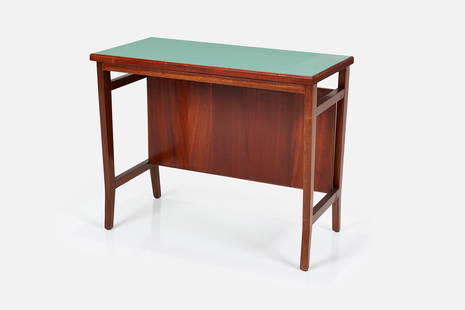 Gio Ponti, Writing Desk: GIO PONTIWriting desk, 1960sWalnut, laminate. Manufactured by&nbsp;Schirolli, Italy.Underside with manufacturer&#39;s label.&nbsp; 28.25&quot; H x 35.25&quot; W x 17.5&quot; W