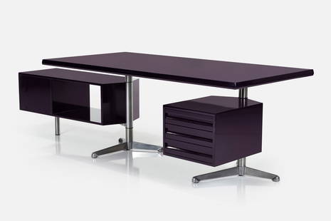 Osvaldo Borsani, Executive Desk: OSVALDO BORSANIExecutive desk, model no. T95, ca. 1956Lacquered wood, chrome-plated steel, aluminum. Manufactured by Tecno, Italy.Leg with manufacturer&#39;s decal. 30.25&quot; H x 122&quot; W x 33.5&