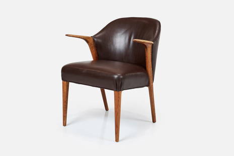 Kurt Olsen, Armchair: KURT OLSENArmchair, 1960sOak, vinyl. Manufactured by Slagelse Mobelfabrik, Denmark. 30.5" H x 26.5" H x 24" DSeat height: 18"