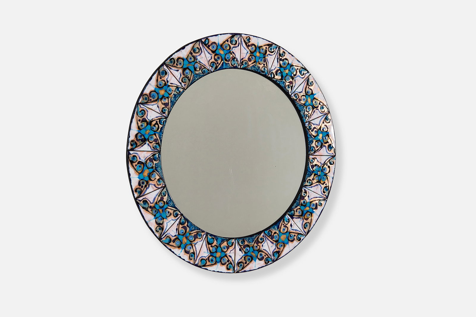 Bodil Eje, Wall Mirror: BODIL EJEWall mirror, 1960sFire-enameled copper, mirrored glass. Produced by Bodil Ege, Denmark.Reverse with producer's paper label. 23.75" Diameter