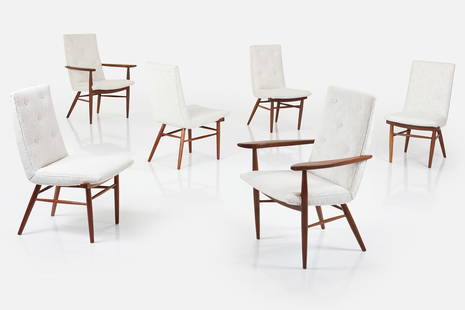 George Nakashima, 'Origins' Dining Chairs (6): GEORGE NAKASHIMA Set of six 'Origins' dining chairs, model no. 206, ca. 1959 Walnut, fabric. Manufactured by Widdicomb, USA.Armchair: 38.5" H x 25" W x 25" D Seat height: