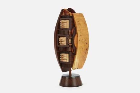 Po Shun Leong, Sculptural Jewelry Box: PO SHUN LEONGSculptural jewelry box, 1997Mixed woods.&nbsp;Signed and dated. 16.25&quot; H x 7&quot; W x 4.25&quot; D