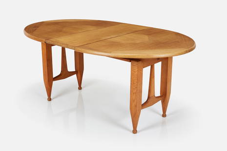 Robert Guillerme + Jacques Chambron, Expandable Dining Table: ROBERT GUILLERME + JACQUES CHAMBRONExpandable dining table, 1960sOak. Manufactured by Votre Maison, France. Together with one 14" leaf. 28.75" H x 54" - 68" W x 41.5" D