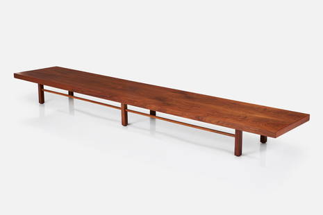 Milo Baughman, Long Coffee Table: MILO BAUGHMANLong coffee table, 1960sWalnut. Manufactured by Thayer Coggin, USA. 10" H x 106" W x 20" D