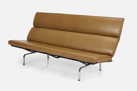 Charles + Ray Eames, Compact Sofa: CHARLES + RAY EAMESCompact sofa, 1970sLeather, chrome-plated steel, painted steel. Manufactured by Herman Miller, USA.Underside with manufacturer's label.35.5" H x 71.5" W x 28.5" D