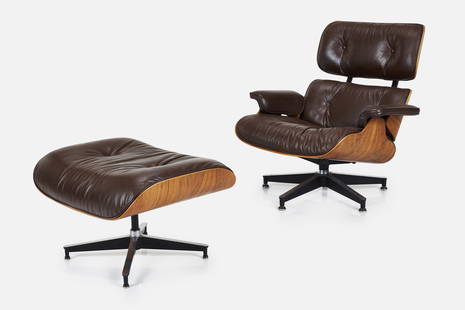 Charles + Ray Eames, Lounge Chair and Ottoman (2): CHARLES + RAY EAMESLounge chair and ottoman, model nos. 670 and 671, 1978Walnut-veneered plywood, leather, enameled and brushed aluminum. Manufactured by Herman Miller, USA.Underside of each with manu