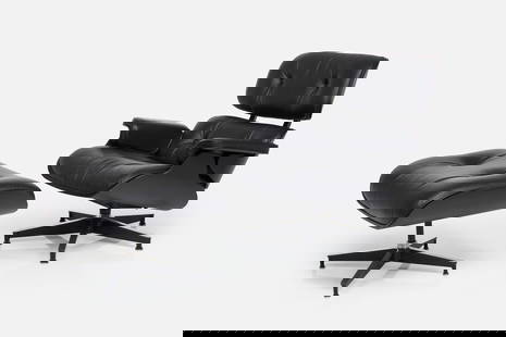 Charles + Ray Eames, Lounge Chair and Ottoman (2): CHARLES + RAY EAMESLounge chair, model no. 670 and ottoman, model no. 671, 2016Lacquered plywood, leather, aluminum. Manufactured by Herman Miller, USA.Underside of each piece with manufacturer's