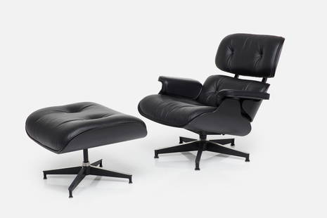 Charles + Ray Eames, Lounge Chair and Ottoman (2): CHARLES + RAY EAMESLounge chair, model no. 670 and ottoman, model no. 671, 2016Lacquered plywood, leather, aluminum. Manufactured by Herman Miller, USA.Underside of each piece with manufacturer's