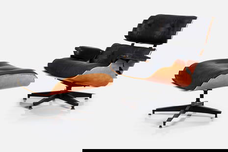Charles + Ray Eames, Lounge Chair + Ottoman (2): CHARLES + RAY EAMESLounge chair and ottoman, model nos. 670 and 671, 1990sCherry-veneered plywood, leather, enameled and brushed aluminum. Manufactured by Herman Miller, USA.Underside of chair with ma