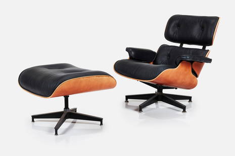 Charles + Ray Eames, Lounge Chair + Ottoman (2): CHARLES + RAY EAMESLounge chair and ottoman, model nos. 670 and 671, 1990sCherry-veneered plywood, leather, enameled and brushed aluminum. Manufactured by Herman Miller, USA.Underside of chair with ma