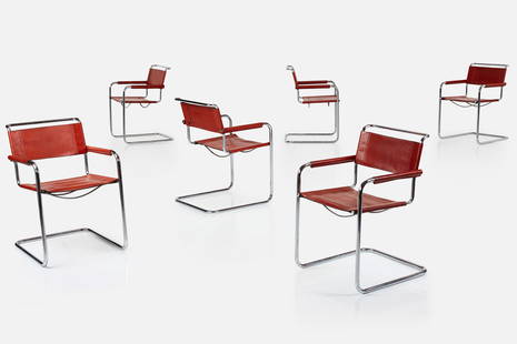 Marcel Breuer, Cantilever Dining Chairs: MARCEL BREUERCantilevered armchairs, 1970sChrome-plated tubular steel, leather. Manufactured by Knoll, USA. Each: 32.25" H x 22" W x 24" DSeat height: 18.75" Arm height: 26.5&